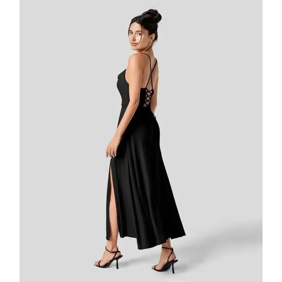 HALARA | Dresses | Halara Ribbed Cowl Neck Backless Crisscross Lace Up Split  Midi Party Dress Sz S | Poshmark